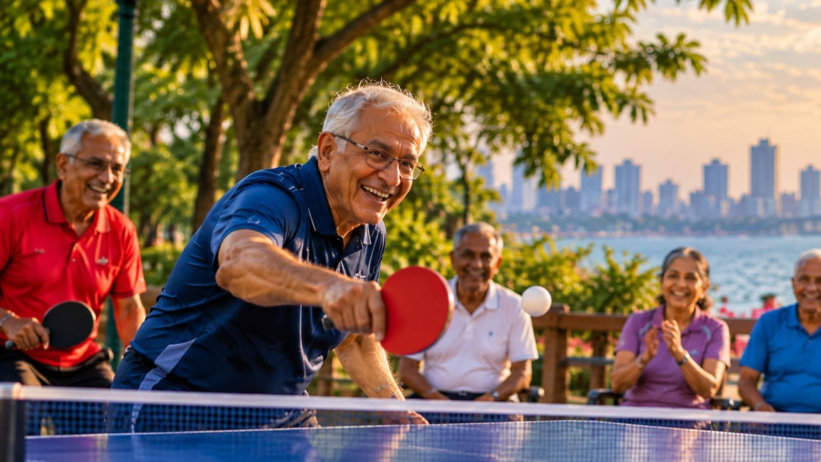 Senior citizens playing and cheering at an outdoor table tennis table by the sea in Mumbai
