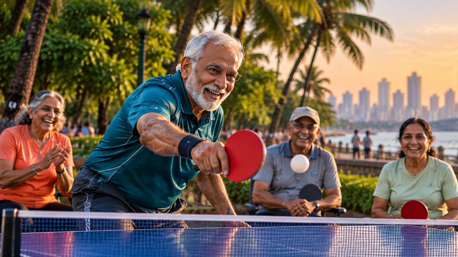A smiling senior player returns a table tennis ball while friends cheer, Mumbai skyline behind